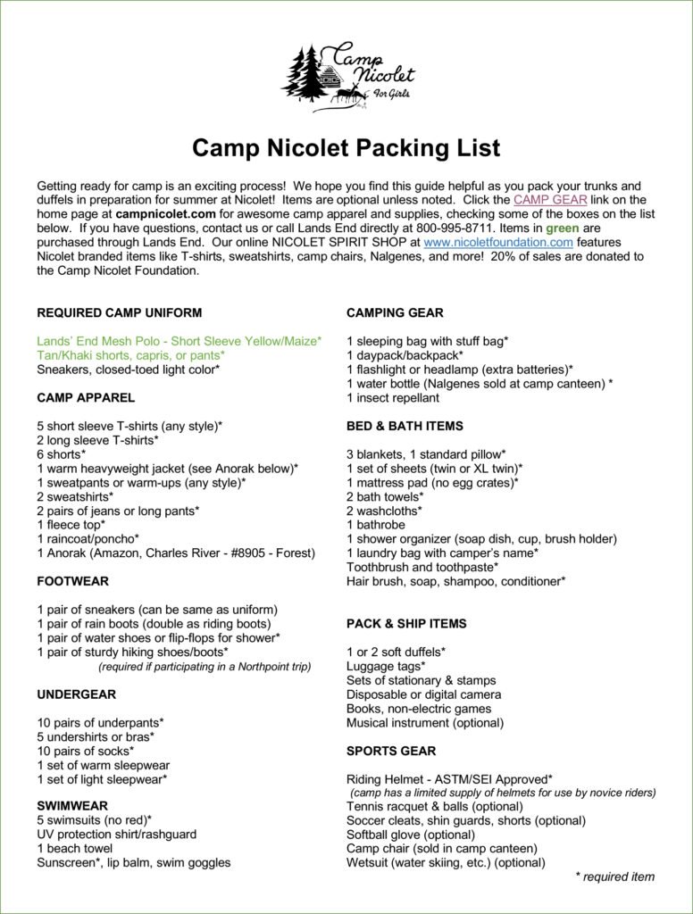 Packing List | Camp Nicolet | WI Girls Camp